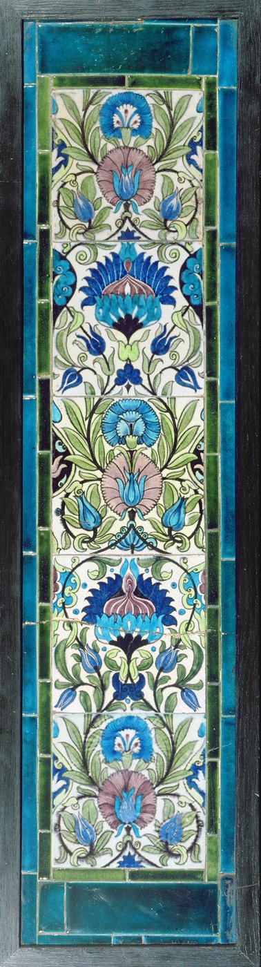 Five tiles with continuous floral design by William de Morgan